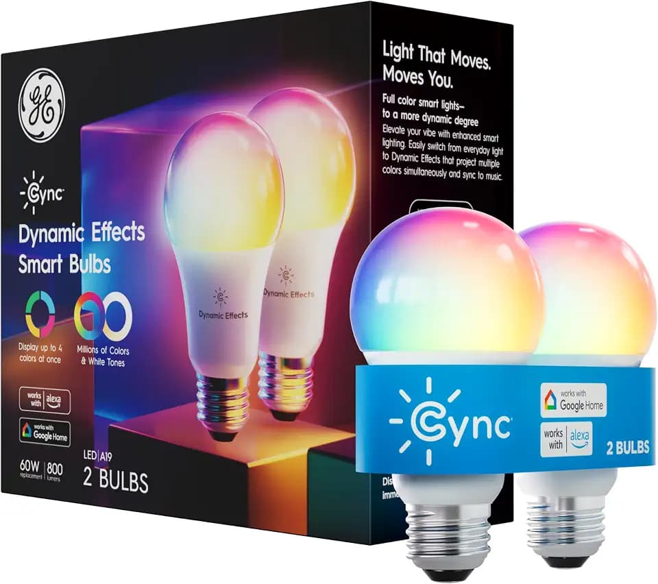 Cync GE Dynamic Effects A19 LED Smart Light Bulbs, Bluetooth and WiFi Color Changing Lights with Music Sync, Compatible with Alexa and Google Home (2 Pack)