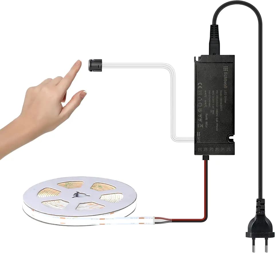 COB Led Streifen Led Strip 3M Kühles Kalt 6000K mit Berühren Dimmer Schalten und 36W Netzteil, Unterbauleuchte Led Streifen 3m Lichtbänder für Akustikpaneele Lichtleiste Küche