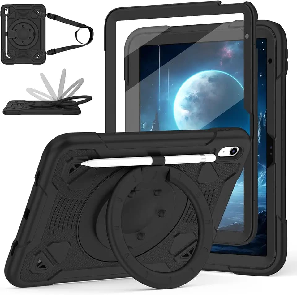 Case for iPad (A16) 11th Generation 11 Inch 2025/iPad 10th Generation 10.9 Inch 2022 with Built-in Screen Protector 360°Rotating Stand,Shoulder Strap Full Body Heavy Duty Protective Cover (Black)