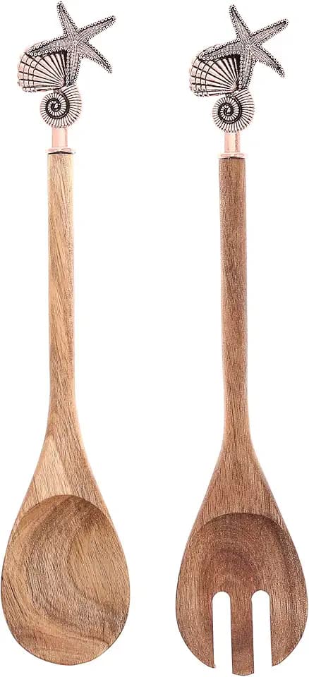 Pavilion Gift Company- 13" Spork & Spoon Shell - Nautical Boat Beach Lake Serving Utensils Mixing Ocean Seaside Cottage Lakehouse Beachhouse Gift Hostess Present