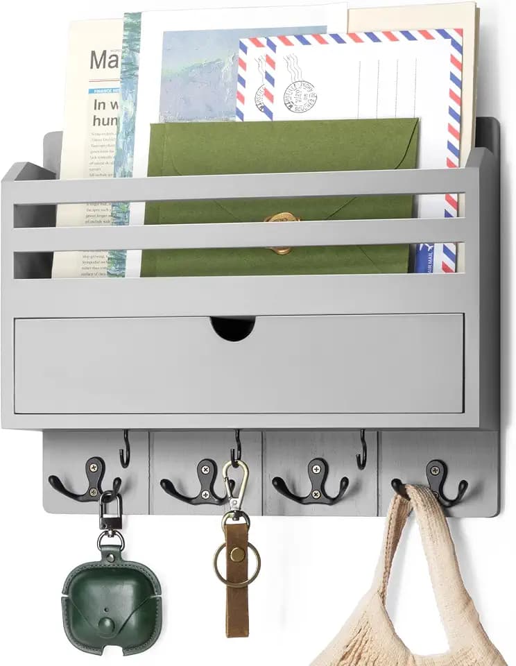 Rebee Vision Mail Organizer Wall Mount with 7 Key Hooks for Entryway, Gray