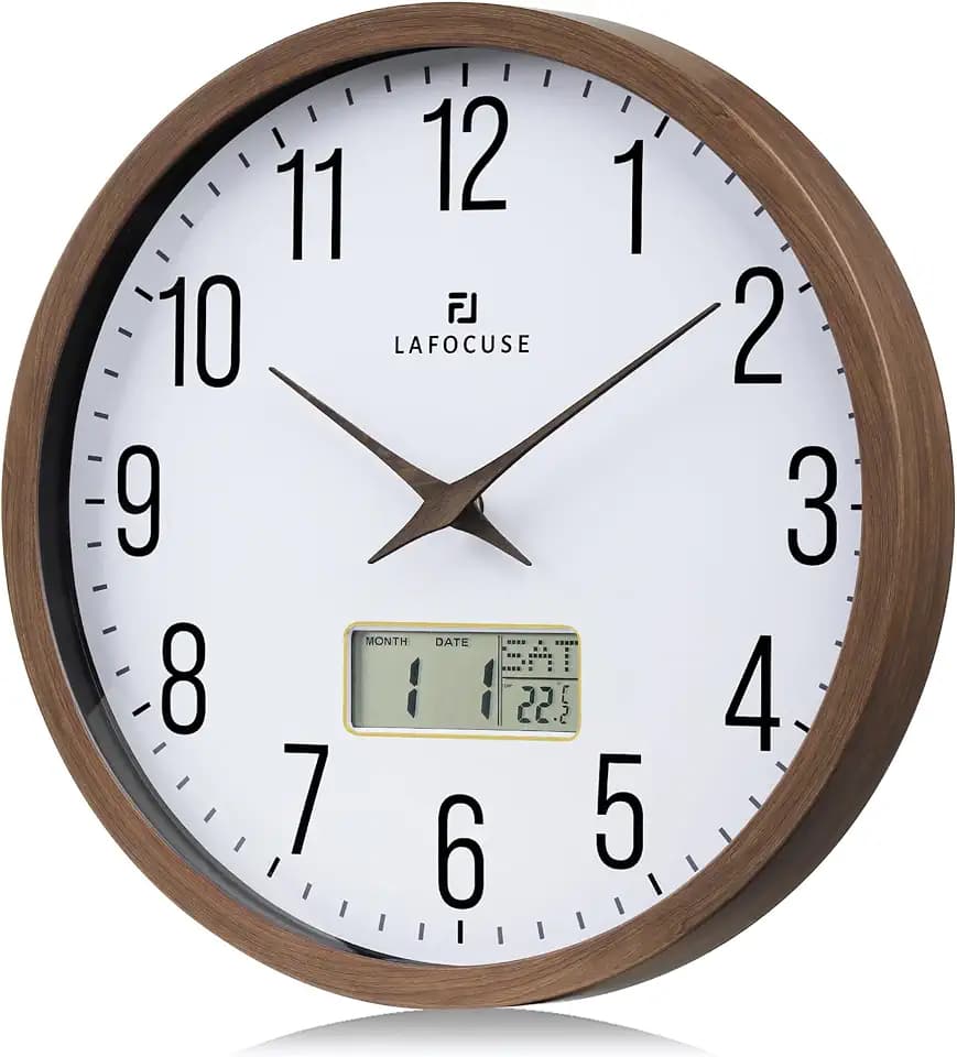 Lafocuse Lautlos Wanduhr mit Kalender Digital LCD, Vintage Wanduhr mit Datum Wochentag und Thermometer, Braun Analog Quarzuhr für Wohnzimmer Schlafzimmer Büro Küche 30cm