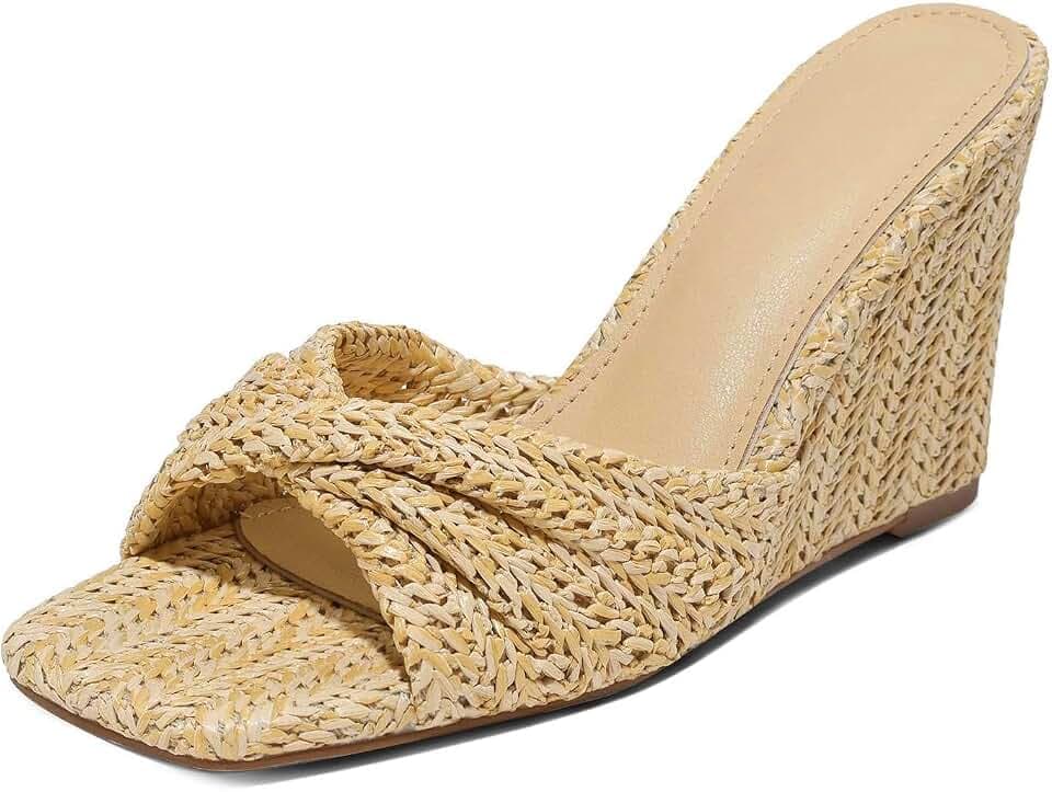 EQAUDES Wedge Sandals for Women Summer Raffia Braided Mules Beach Slides