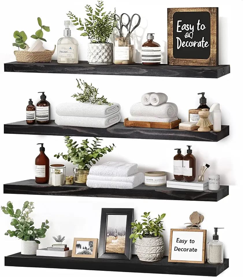 16x5.8x0.8in Floating Wall Shelves Rustic Solid Wood 4-Pack, Black