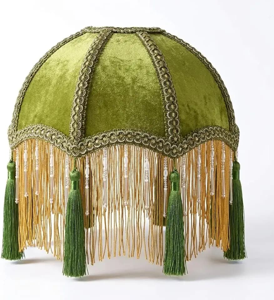 9.8 Inch vintage Lampshade With Olive Green Velvet Tassel, Victorian Fringe Lamp Shade with Beads,Handmade Scallop Bell-Shaped Replacement Shade,E26/E27 bulb base for Table Lamp and Wall Lamp(1 Pack)