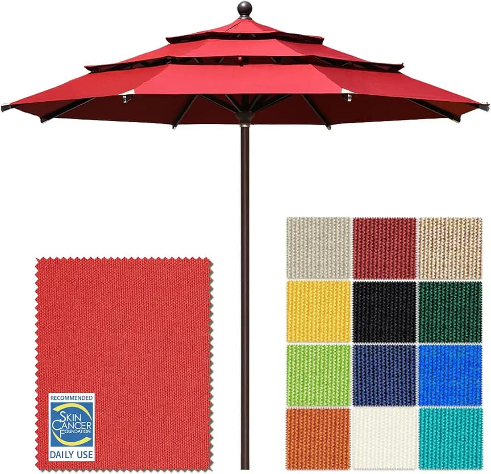 EliteShade USA 10-Year-Non-Fading 11ft 3-Tier Market Patio Umbrella, Commercial Grade Outdoor Table Umbrella with Cylinder Push-Up, Windproof & UPF 50+ UV Protection, Heavy Duty Ventilation for Garden, Deck, Pool, Backyard, Beach & Bistro, Logo Red