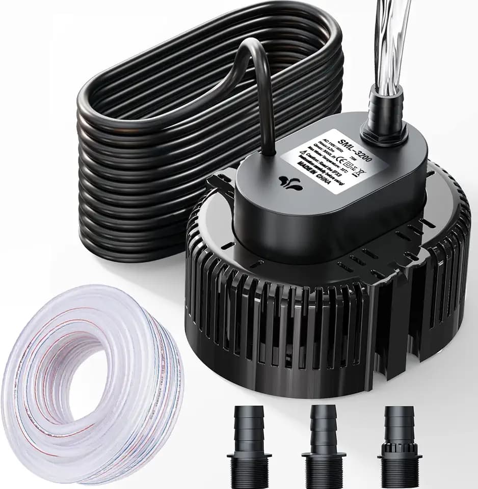 Schmutzwasser-Tauchpumpe(75 W, Ø19 mm,3000L/H,5M mit Ablaufschlauch und 7.5M extra langem Netzkabel,3.2m max Förderhöhe,3 verschiedene Adapter)