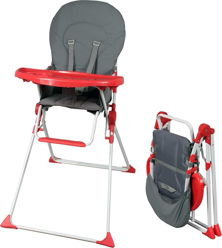 Bambisol Hochstuhl für Babys, faltbar, fest, ultrakompakt und leicht, abnehmbares Tablett verstellbar, Rot