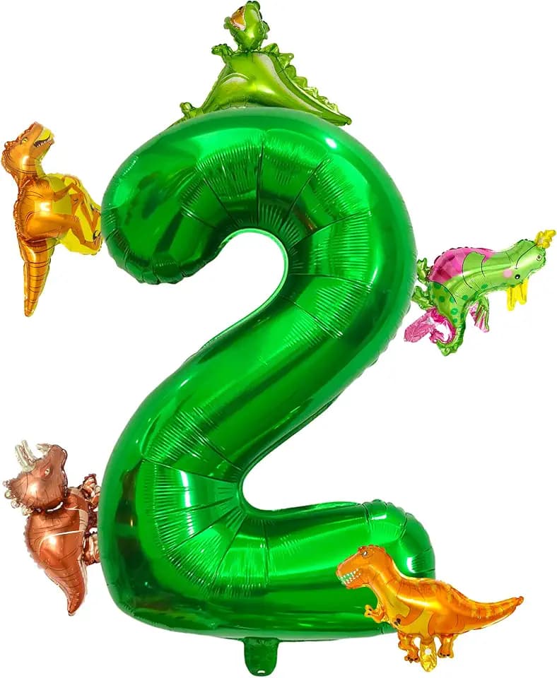 LilyZheng Dinosaur Number 2 Balloon, 40 Inch Dark Green Number Foil Balloon with 5 Mini Dinosaur Balloons for 2nd Birthday Jurassic Theme Decorations, Dino Party Supplies for Boys and Girls