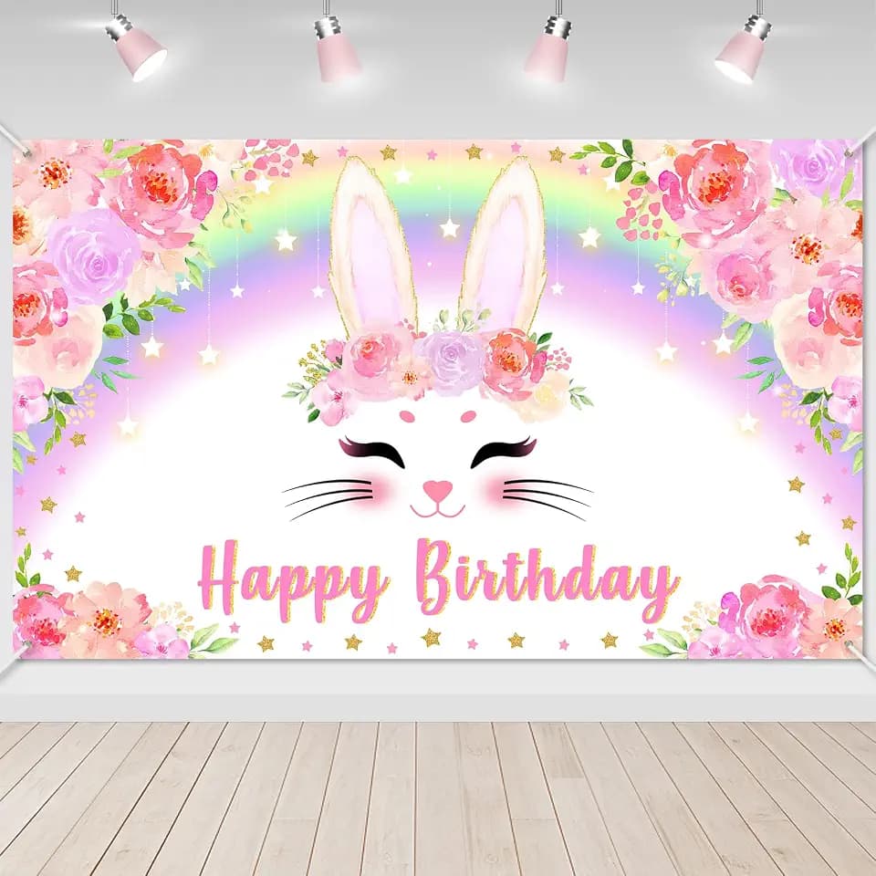 Avezano Bunny Birthday Banner Rainbow Birthday Backdrop 70.8 x 43.3 Inch