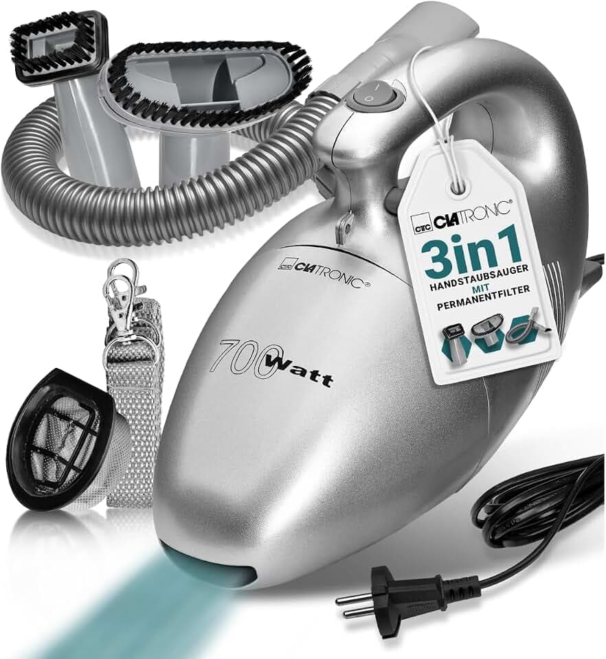 Clatronic® Handstaubsauger mit 700 Watt & geringem Gewicht | Staubsauger zum Absaugen von Polstern, Autos, Computer uvm. | Vacuum Cleaner mit 6m Kabel & permanent Staubfilter | inkl. Zubehör | HS 2631