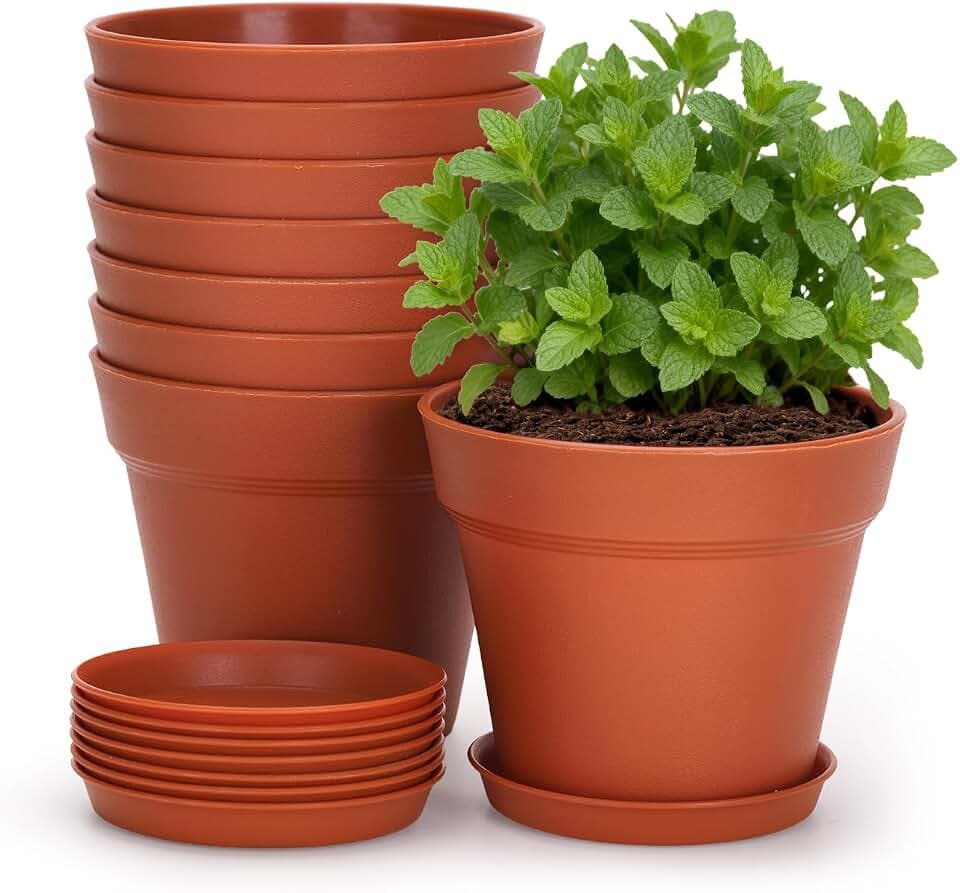 KINGLAKE 10cm Blumentöpfe mit Untersetzer - 8 Stück Pflanztöpfe Klein, übertopf Pflanztopf, Blumentopf Kunststoff Set, Topf Kleine Flower Pot für Pflanzen Kakteen Kräuter-Terrakotta