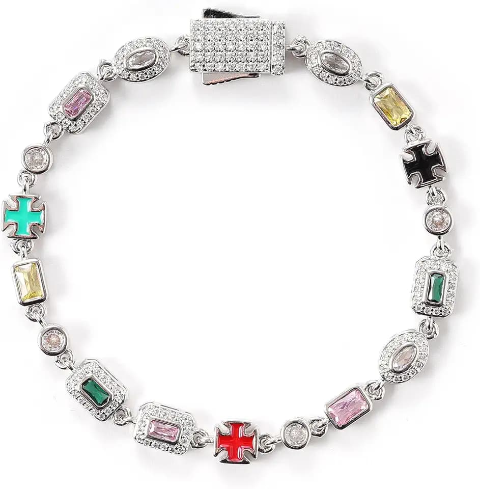 Lulu Mel 6mm Colorful Zirconia Cross Bracelet, Gold Plated Tennis Chain Geometric Gemstone Diamond Bracelet Trendy Charm Jewelry for Women Men