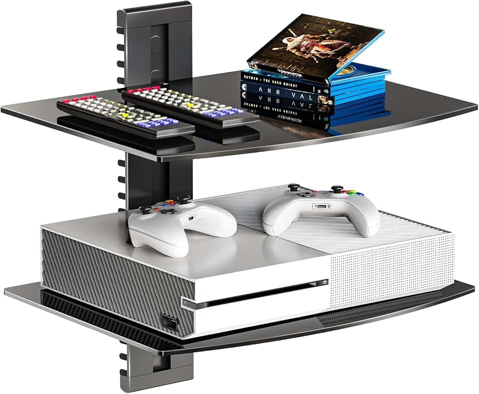 WALI 2 Tier Glass Floating TV Wall Shelf for Projector, DVD Players