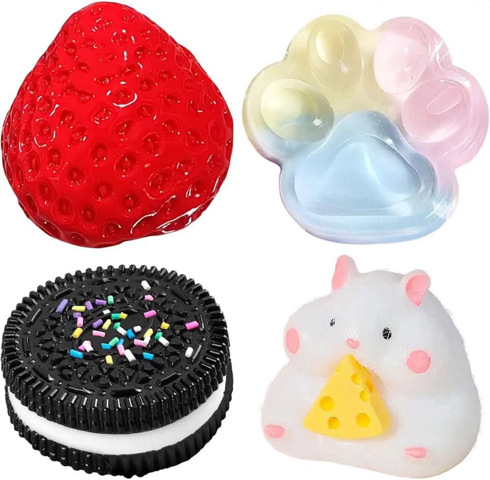 SSKHE Pack of 4 Taba Squishy Set, Strawberry + Hamster + Cat Paw + Hamster , Fufu Squishy Toy Squishes Set for Stress Relief, Sensory Play, Fidget Gifts