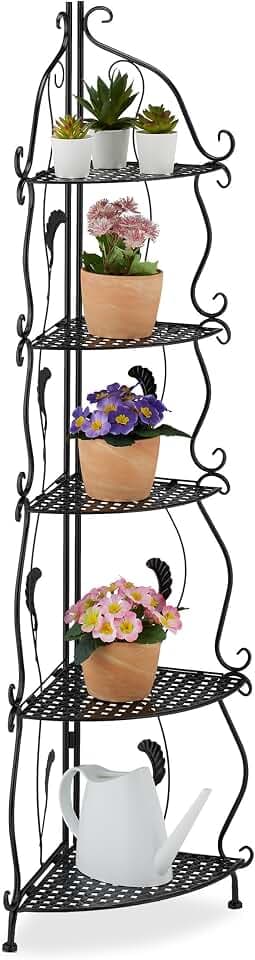 Relaxdays Eckregal Metall, 5 Ablagen, HBT: 136 x 30 x 30 cm, Pflanzenregal freistehend, klappbar, Vintage-Look, schwarz