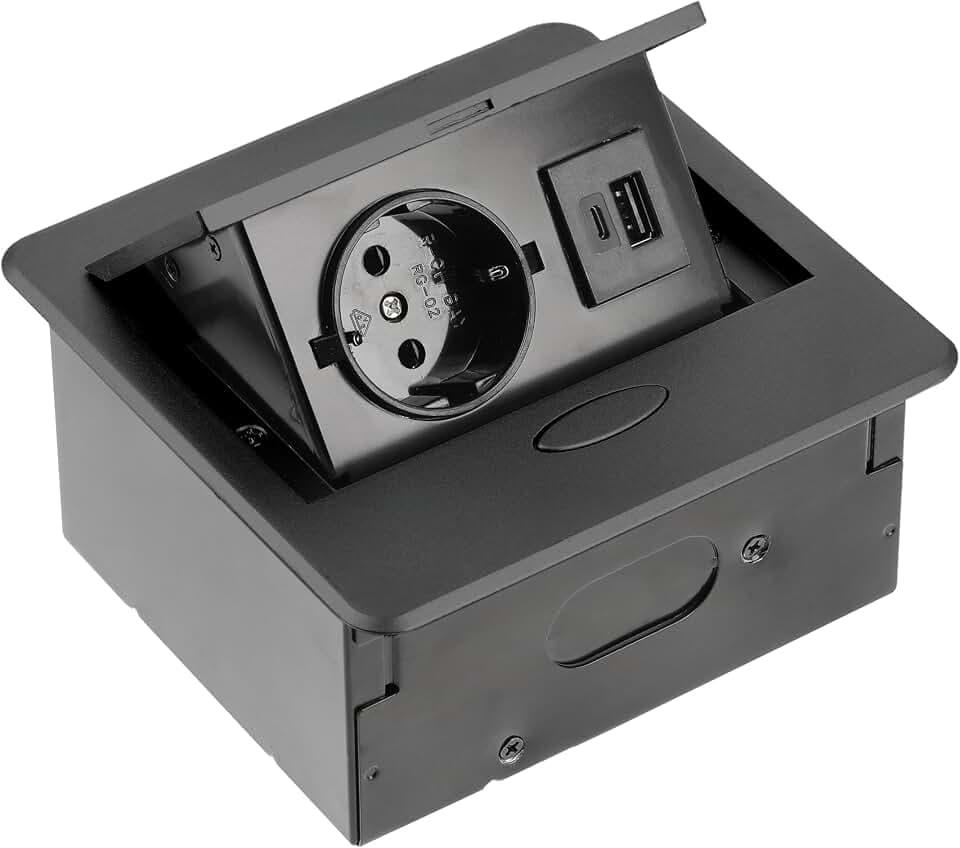GTV - Möbelsteckdose AVARO, 1x Schuko Steckdose, USB A+C, Kabellänge 1,5m, Farbe Schwarz, für Schreibtische, Tischplatte, Küchen und Büro | Kompakte Abmessungen