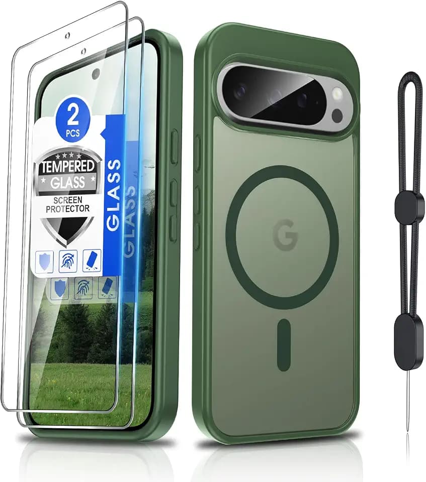 Dizn for Google Pixel 9/Pixel 9 Pro Cover,[Not Fit Pixel 9 Pro XL],with Tempered Glass Screen Protector,Lanyard,Compatible with MagSafe,Matte Shockproof,Funda para Protective Pixel 9/9Pro,Green