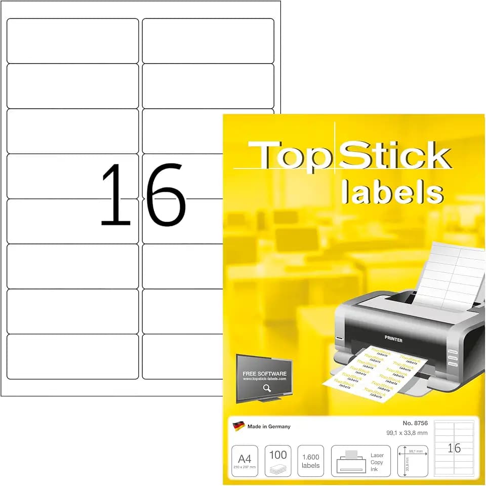 TopStick 8756 Adressetiketten, 100 Blatt, 99,1 x 33,8 mm, 16 pro A4 Bogen, 1600 Stück, selbstklebend, bedruckbar, matt, blanko Papier Adressaufkleber Etiketten, weiß