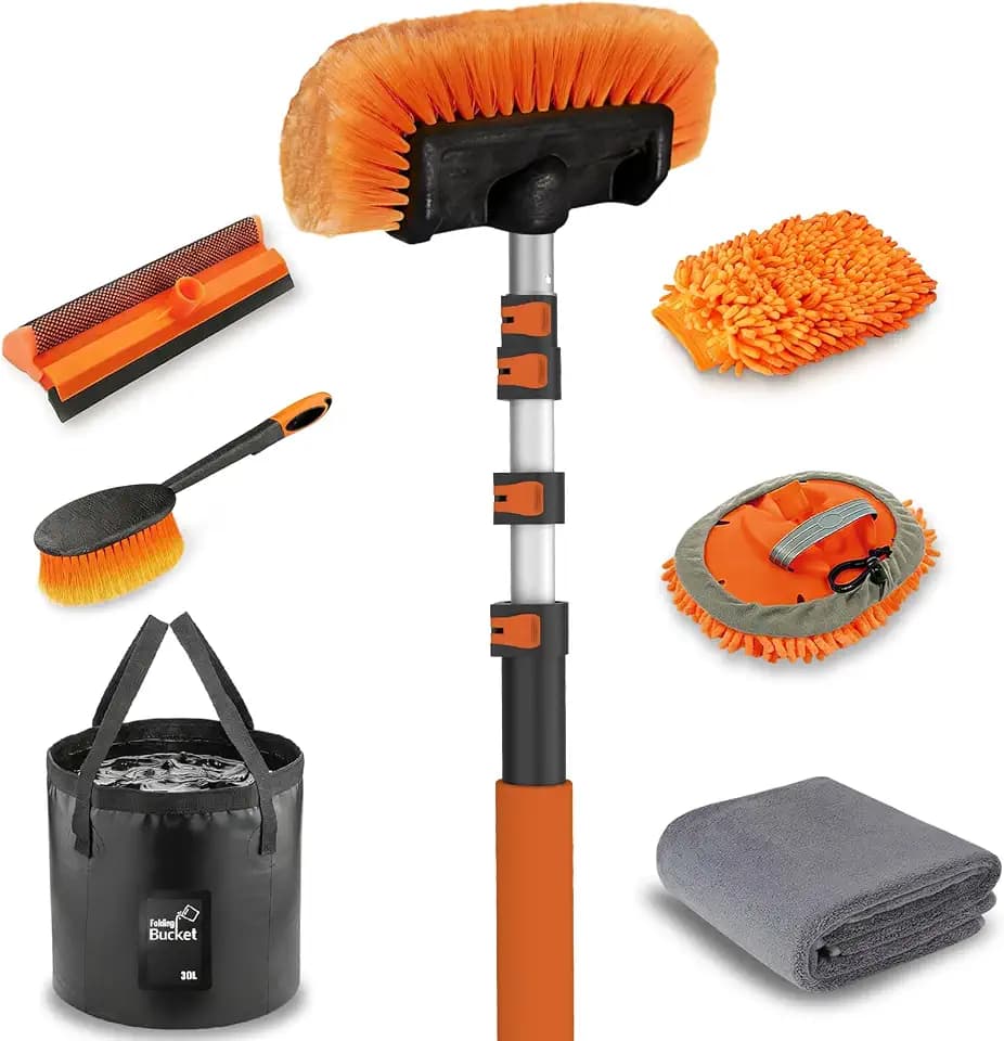 LAANPOLE 20FT Car Wash Brush with Long Handle, Car Cleaning Kit with Soft Bristle Wash Brush, Microfiber Cleaning Mop, Window Squeegee, Mitt, Wheel Brush, Bucket, Drying Towel for RV, Truck, Boat