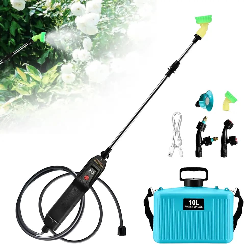 Batteriebetriebener Rucksacksprüher 10L, Upgrade Elektrischer Sprüher mit 4 Nebeldüsen, USB Wiederaufladbarer Griff, Einziehbarer Stab, Tragbarer Wassersprüher für Rasen, Garten