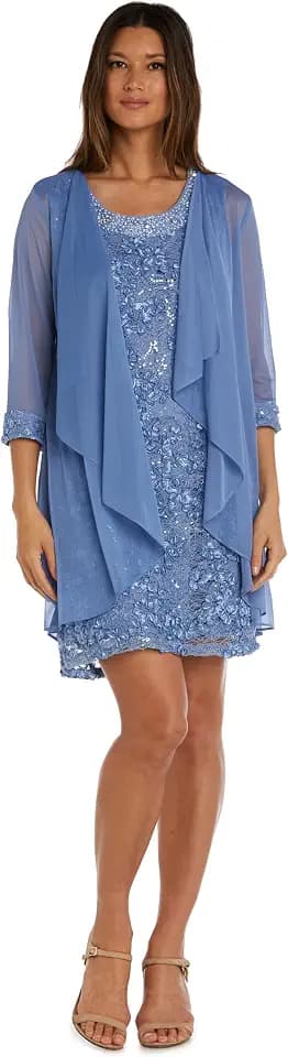 Beaded Jacket Dress W/Sheer 3/4 Sleeve Shrug in Pebble Georgette