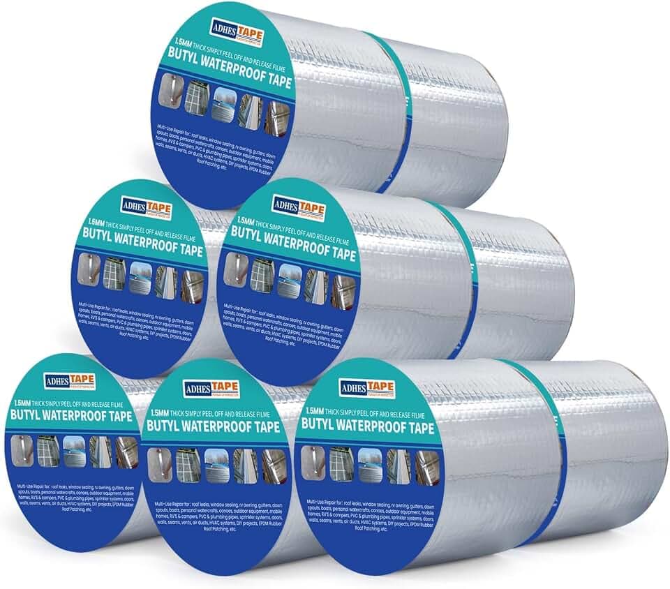 ADHES 1.5mm Dick Wasserdichtes Butylband, Starkes Selbstklebendes DichtungsbäNder 100mm x 5m x 12 Rollen Silber Aluminiumfolie Klebeband für, Bauwerke, Fassaden, Wohnwagen, Fenster, Container