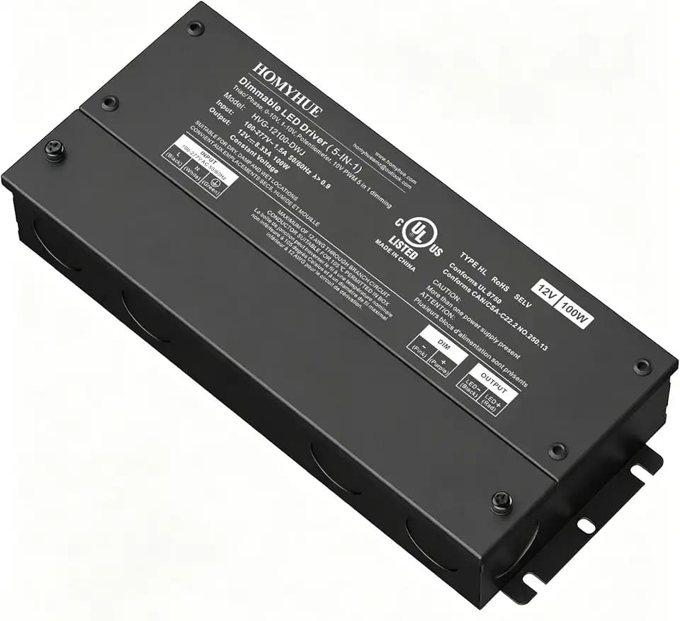 12V 100W Dimmable LED Driver – Smooth Flicker Free Dimming – TRIAC, 0-10V, Phase Cut, & 10V PWM – Compatible with Lutron and Leviton Dimmer Switches, UL Listed, Class 2, 100-277V AC – 8.33A DC