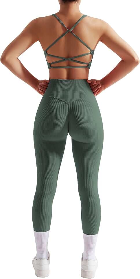 RXRXCOCO Ribbed Workout Sets for Women 2 Piece Backless Strappy Sports Bra Seamless Leggings Matching Set Yoga Outfits