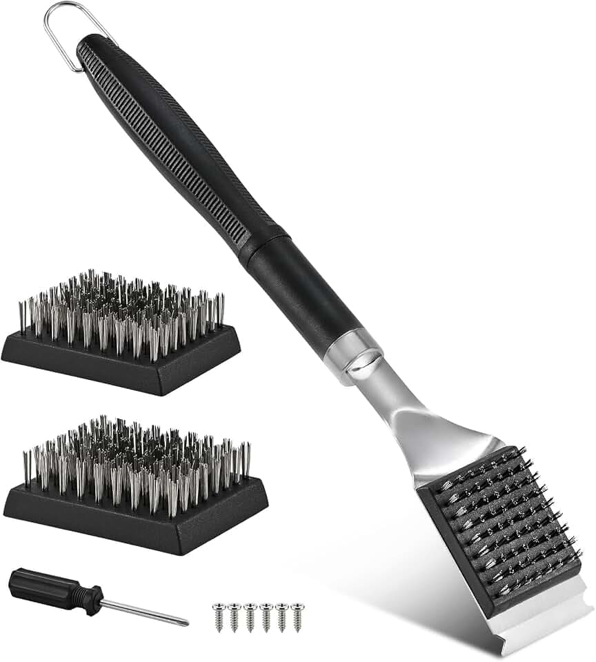 Grill Brush and Scraper for Barbecue – Grill Brush for Outdoor Grill with Extended, Large Handle and 2 Replaceable Stainless Steel Bristles Head –No Scratch- BBQ Grill Brush for Any Grill