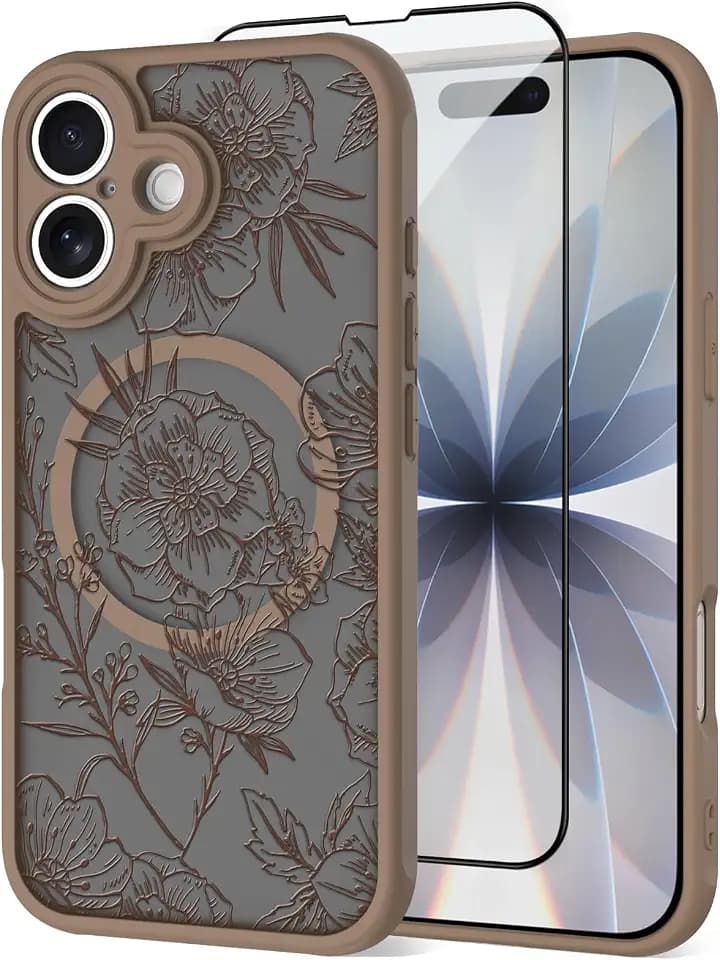 OOK for iPhone 17 Case Magnetic Brown Peony Folwers Design