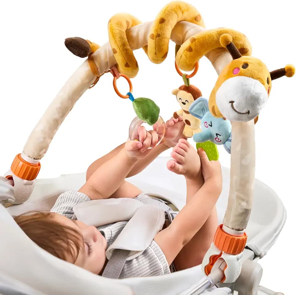 TUMAMA 2-in-1 Spielbogen Mit Baby Kinderwagen Spirale Spielzeug ab 0 3 6 9 12 Monate, Activity Spirale Babyspielzeug für Autositz, Plüschtier Auto Hängespielzeug Baby Rücksitz Mit Rasseln Beißring