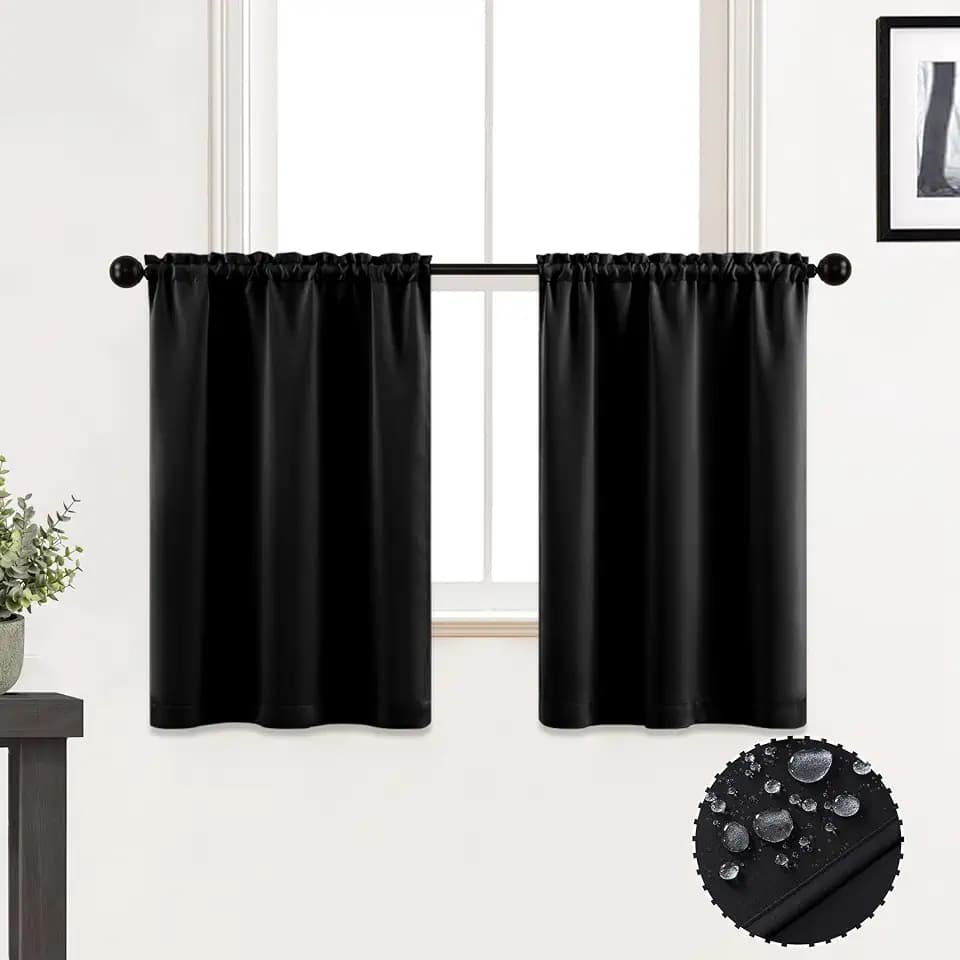 XTMYI Waterproof Fabric 30 Inch Curtains for Bathroom Kitchen Window,Mini Shower Small Short Blackout Tier Curtain Panels,Set of 2,60 Inch Wide,Black