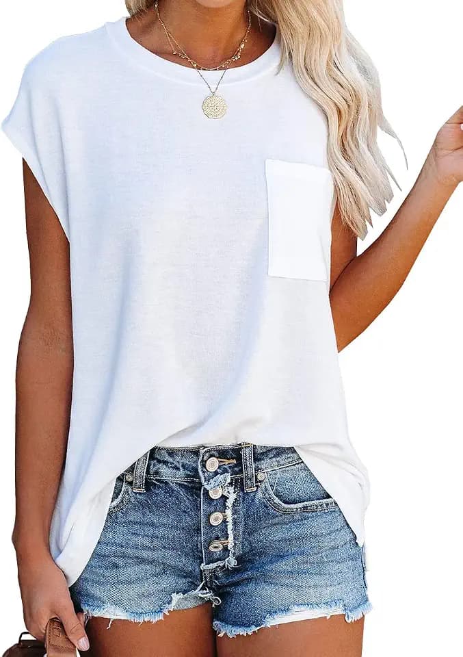 Women Summer Cap Sleeve Tops Loose Fit Sleeveless Shirts with Pocket