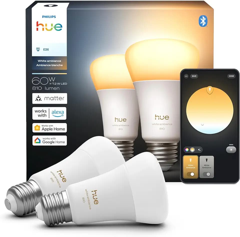 Philips Hue Smart LED A19 Bulb 2-Pack, White Ambiance, E26 Base, 7.2W, Full Spectrum Light 1000K-20000K, 810 Lumens, Dimmable LED Bulbs, Works with Alexa, Google, and Apple Home