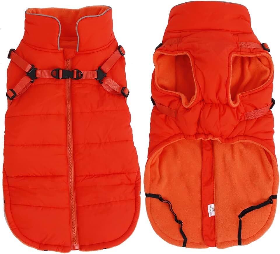 Haustier-Hunde-Wintermäntel, Hundegeschirr, Jacke, wasserdicht, reflektierend, Hundekleidung mit verstellbarem Brustgurt, Fleece-gefüttert, Kostüm für kleine Hunde, magisches Klebeband, Orange-XXL