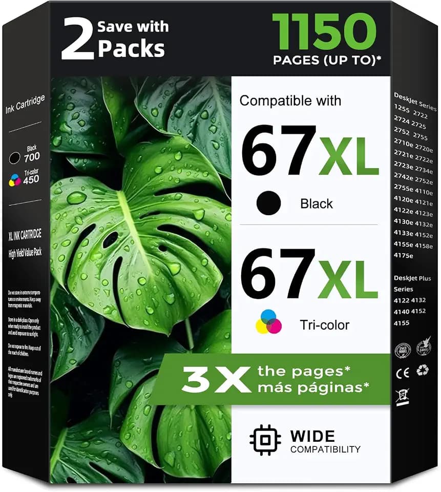 67XL Ink Cartridges Black/Color Combo Pack Replacement for HP 67 XL HP67XL