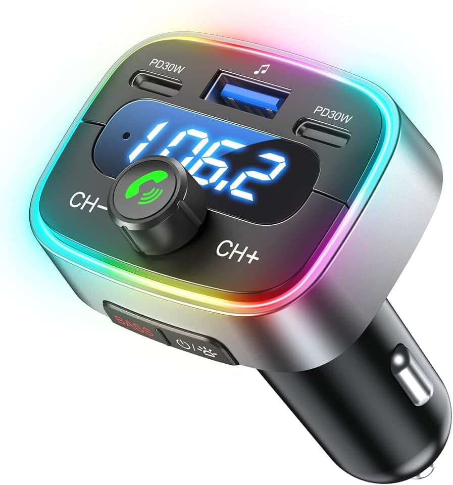 Bluetooth 5.4 Car Adapter 60W Charging USB Bluetooth Adapter for Car,Wireless Fm Transmitter Radio,Handsfree Calling and Audio Receiver,HiFi Music Player,7 Colors LED Backlit
