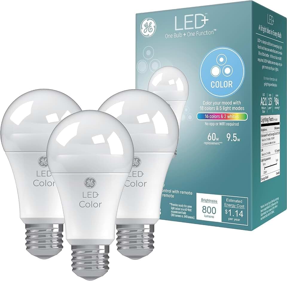 GE LED+ Color Changing LED Light Bulbs with Remote, No App or Wi-Fi Required, A19 Bulbs (3 Pack)