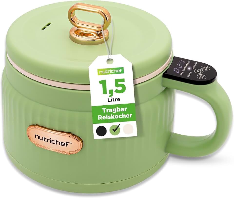 NutriChef 1.6 QT Tragbarer Elektrischer Reiskocher & Lunch Maker | Multifunktional & Antihaft-Keramikbeschichtung | Digitales Bedienfeld | 6 Kochfunktionen: Reis, Suppe, Eintopf, Brei & mehr | Grün
