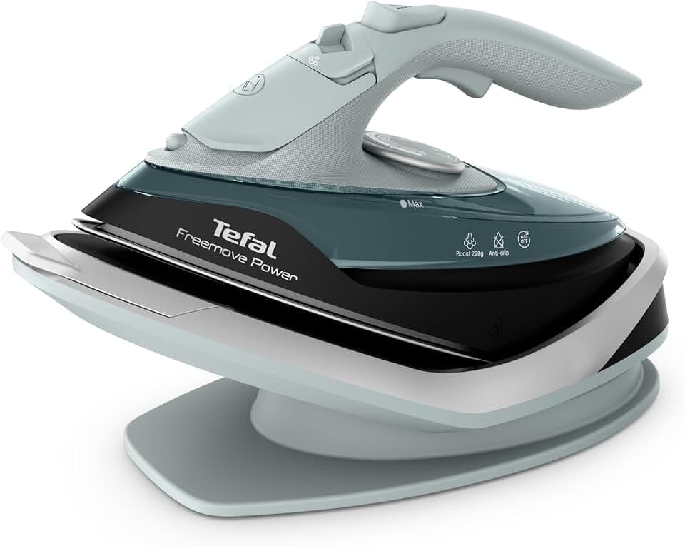 Tefal Freemove Power kabelloses Dampfbügeleisen, 2600 Watt, 40 g/Min. Dampfmenge, 220 g/Min. Dampfstoß, 250 ml Wassertank, Auto-Off, kratzfeste Keramik-Bügelsohle, Tropfstopp, Eukalyptus, FV6670E0