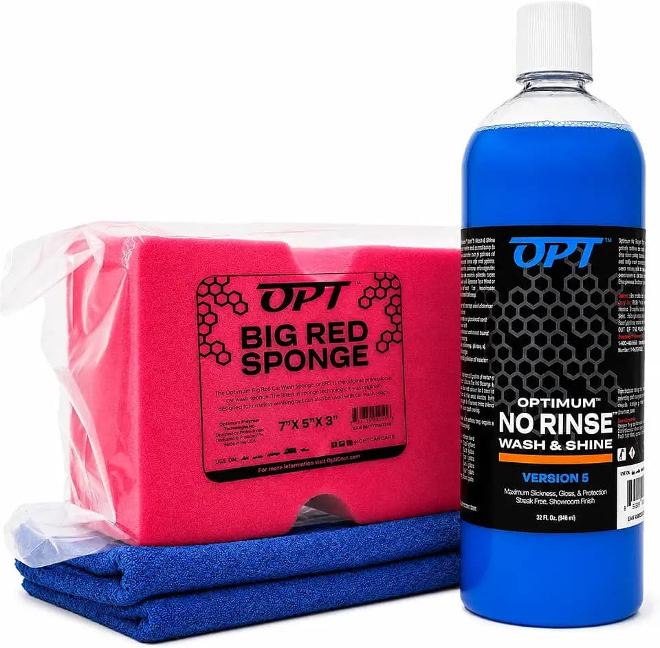 Optimum No Rinse Version 5 (32 Oz), Microfiber Drying Towel, and Big Red Sponge (BRS) Car Cleaning Kit, ONR Rinseless Car Wash, Drying Towel, and Wash Sponge for Washing and Auto Detailing