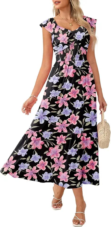 GRACE KARIN Summer Floral Maxi Dress for Women 2026 Flowy Wedding Guest Dresses Ruffle Sleeve Smocked Sundress with Pocket