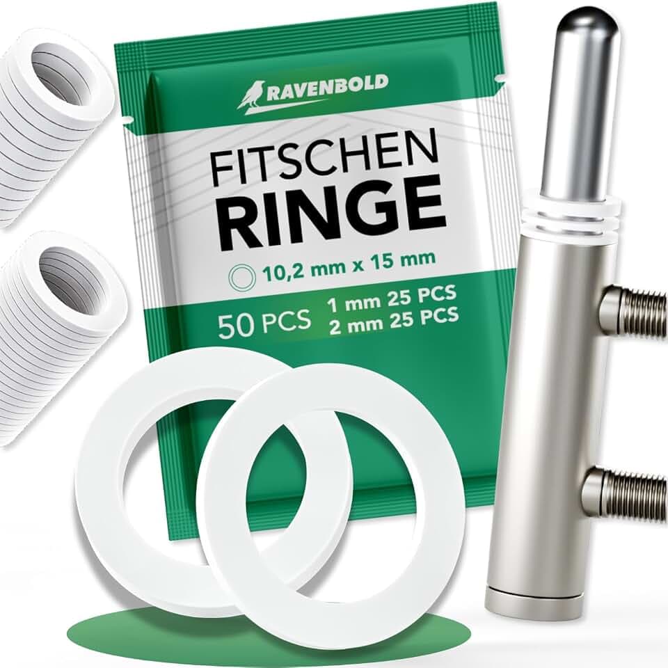 RAVENBOLD Fitschenringe für Zimmertüren [praktisches 50er Set: 25 x 1mm & 25 x 2mm Ringstärke / 10,2mm Durchmesser] - für alle Zimmertüren - extra stabiler Kunststoff - Unterlegscheiben Türscharnier
