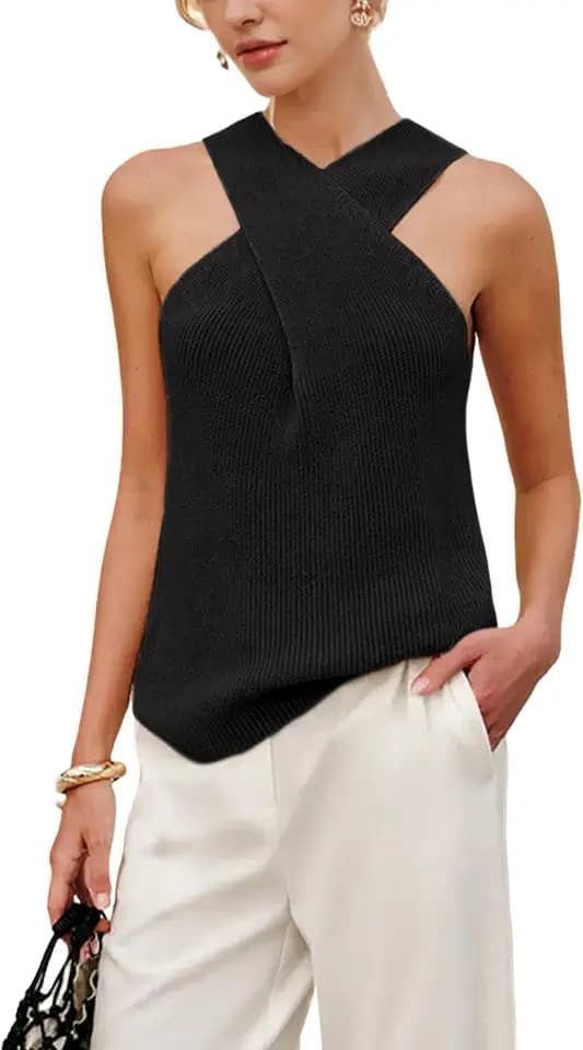 Yeokou Women Halter Cross Over Collar Tank Knit Sleeveless Top Solid Color Casual Summer Blouse