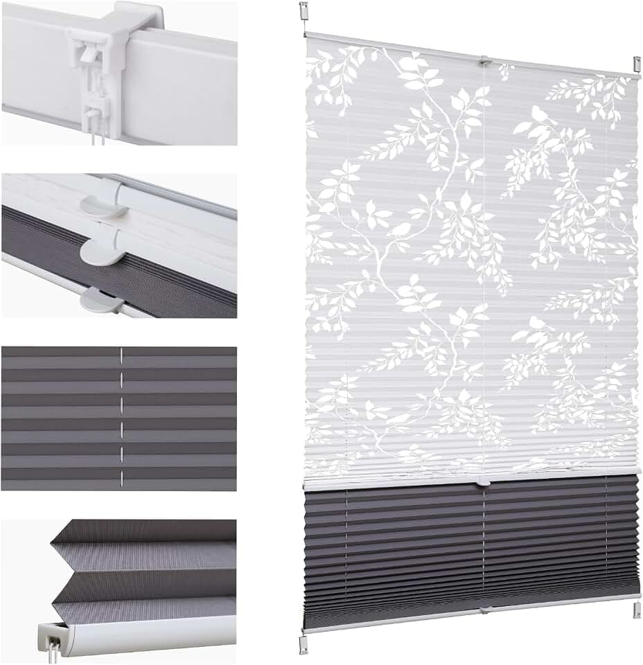Sekey Plissee Doppelplissee Day+Night Verdunkelung ohne Bohren verspannt Lichtschutz Klemmfix Lichtdurchlässig Ausbrenner-Muster 50x100cm Druck & Grau