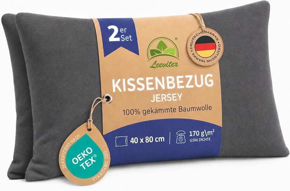 leevitex Kissenbezug 40 x 80 cm - 2er Set - 100% Baumwolle Jersey - Anthrazit | Öko-Tex Zertifiziert · mit verdecktem Reißverschluss · Kopfkissenbezug & Kissenhülle · 170 g/m² · Weich · Waschbar
