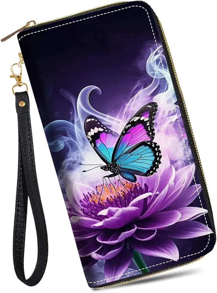 Purple Flowers and Butterfly Print Women's Large Capacity Wallet PU Leather Zipper Clutch Purse for Cash/Card/Coin/Smart Phone