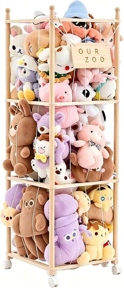 Stuffed Animal Storage & Organizer with Wheels, Wooden Stuffed Animal Zoo Storage with Elastic Band & Net, Space Save Toy Organizers, Plush Toy Holder for Kids Bedroom, Playroom and Nursery (Natural)