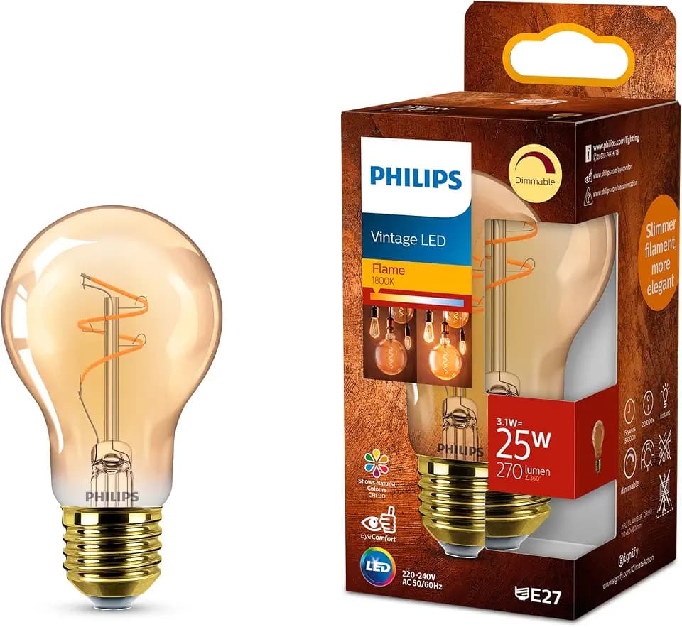 Philips Vintage Amber Spiral A60 Lampe, dimmbar, flimmerfrei, EyeComfort, 270 Lumen, Flame (1800 K), 3.1 W=25 W, E27 Sockel, 1er Pack